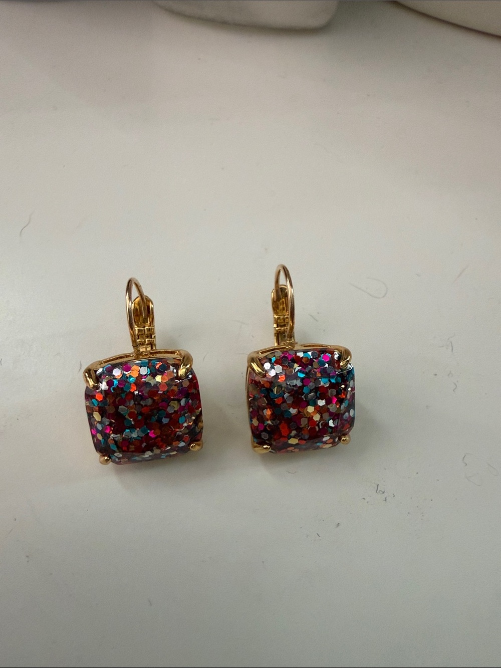 Gold Multicolor Glitter Square Drop Earrings